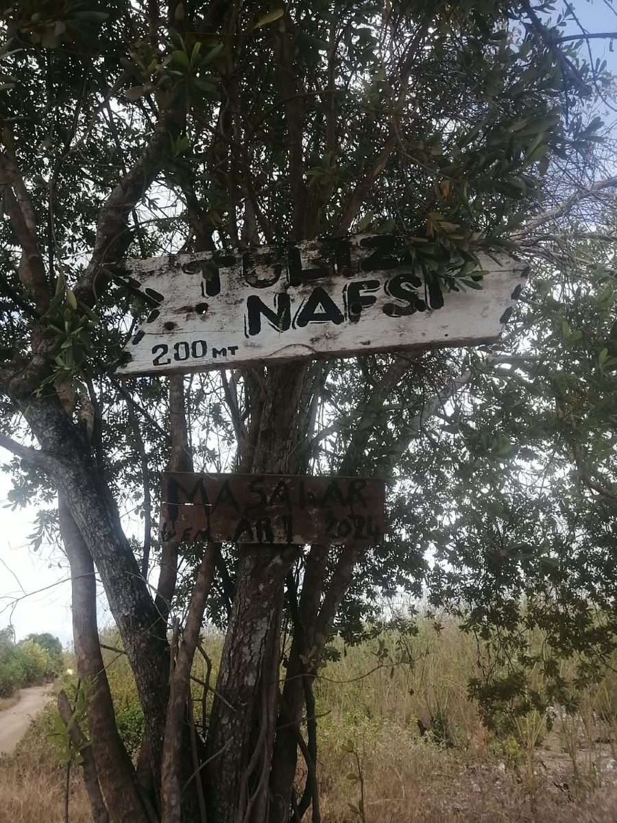 Sign on a tree on the left side of the main road, marking the turn-off